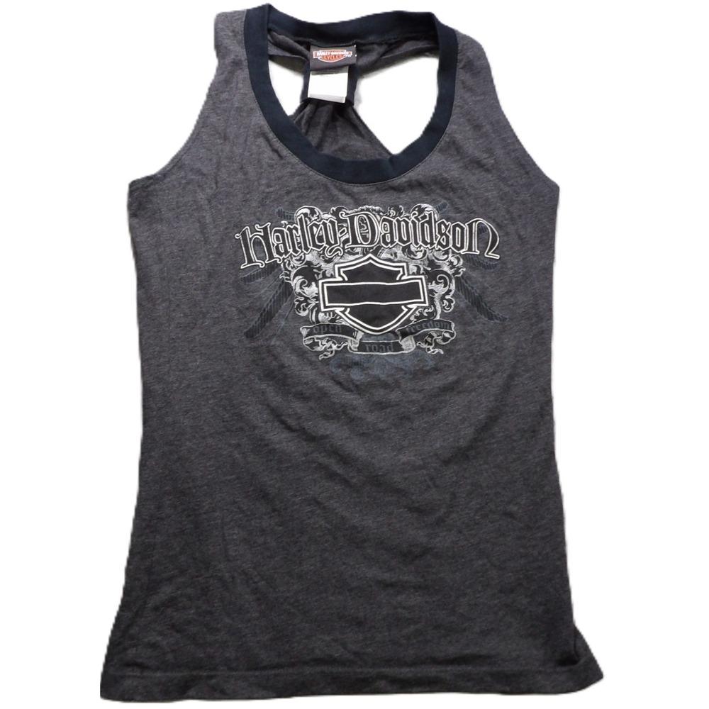 VTG Harley Davidson Women Tank Top Small Gray Cotton Racerback Graphic Biker Y2K